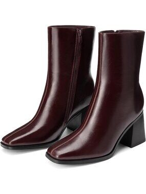 DREAM PAIRS Women's Burgundy Square Toe Ankle Boot Block Heel Dress Booties